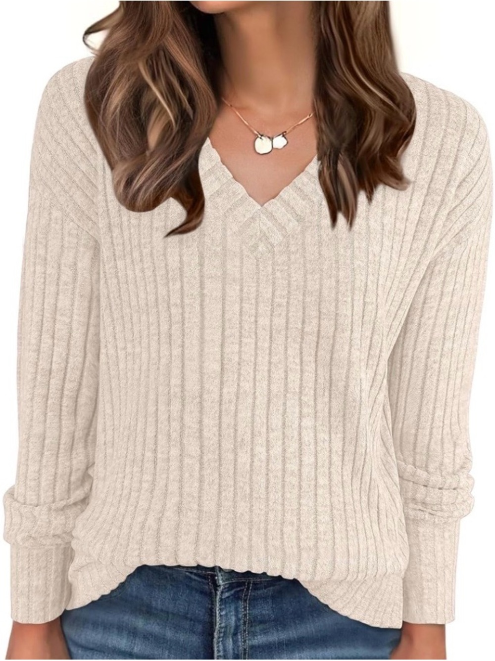 Everyday Ribbed V-Neck Sweater - Cream